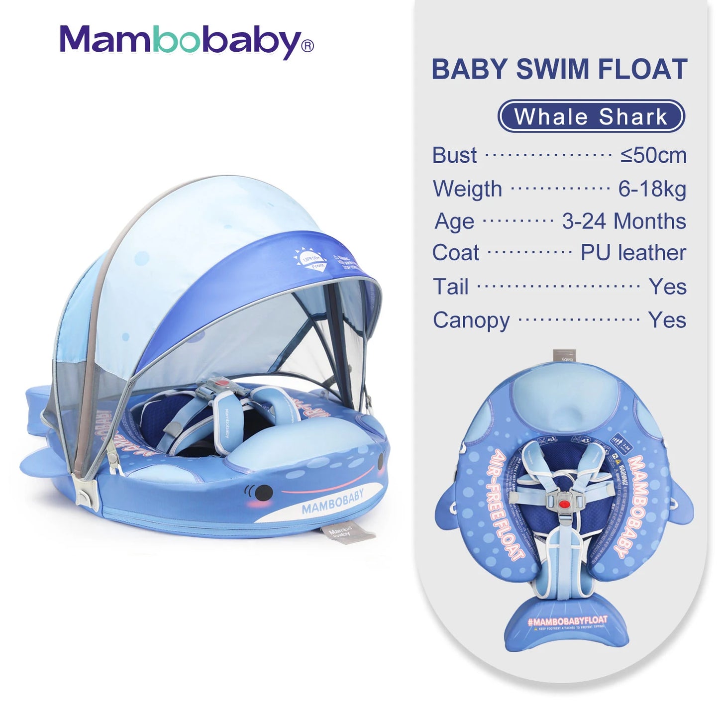Mambobaby Animal Float Non-Inflatable Safe Solid Core Baby Swimming Buoy Water Trainer Infant Pool Floator Swim Ring with Canopy