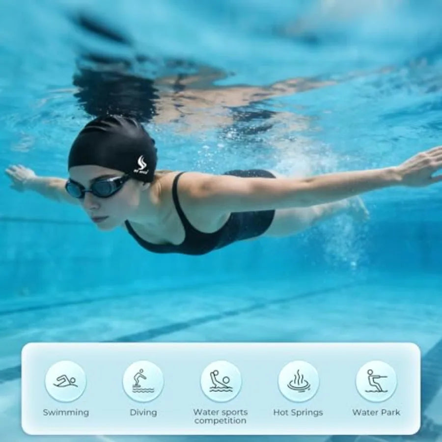 Swim Cap Set for Women / Men Durable Silicone Swimming Cap for Adult with Nose Clip and Earplugs Black Waterproof Pool Cap