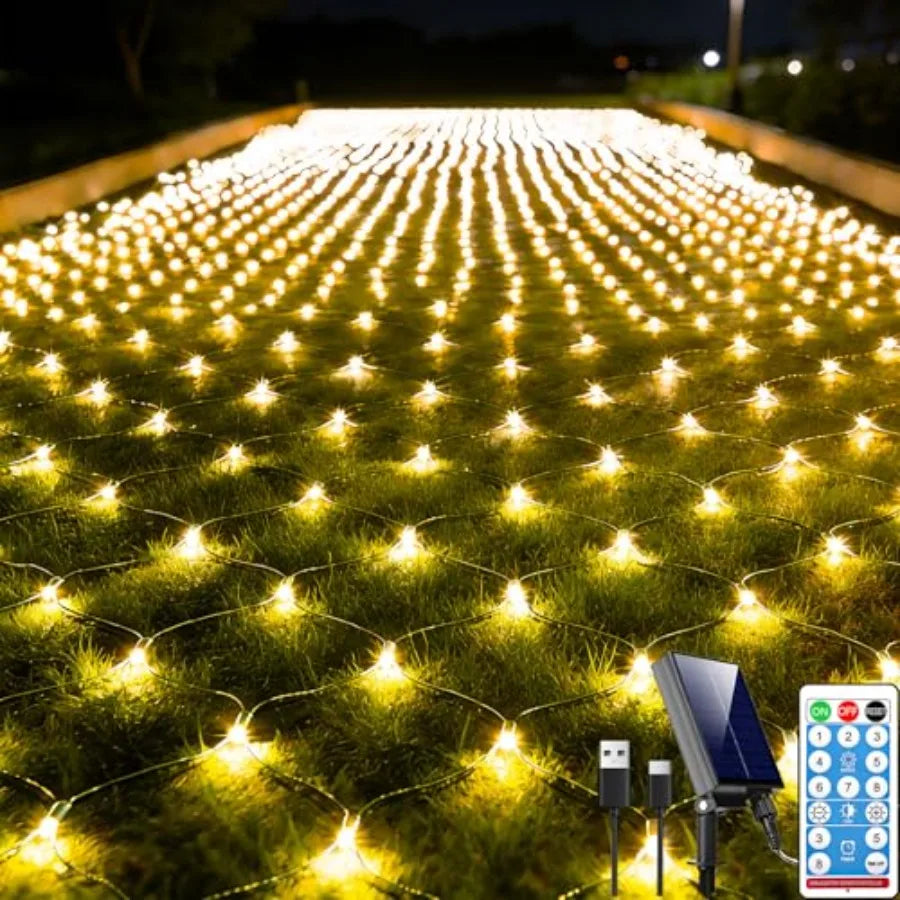 360 LED Christmas Net Lights Solar AND USB Powered, Waterproof Mesh String Lights 8 Modes Green, 21Feet x 5 Feet