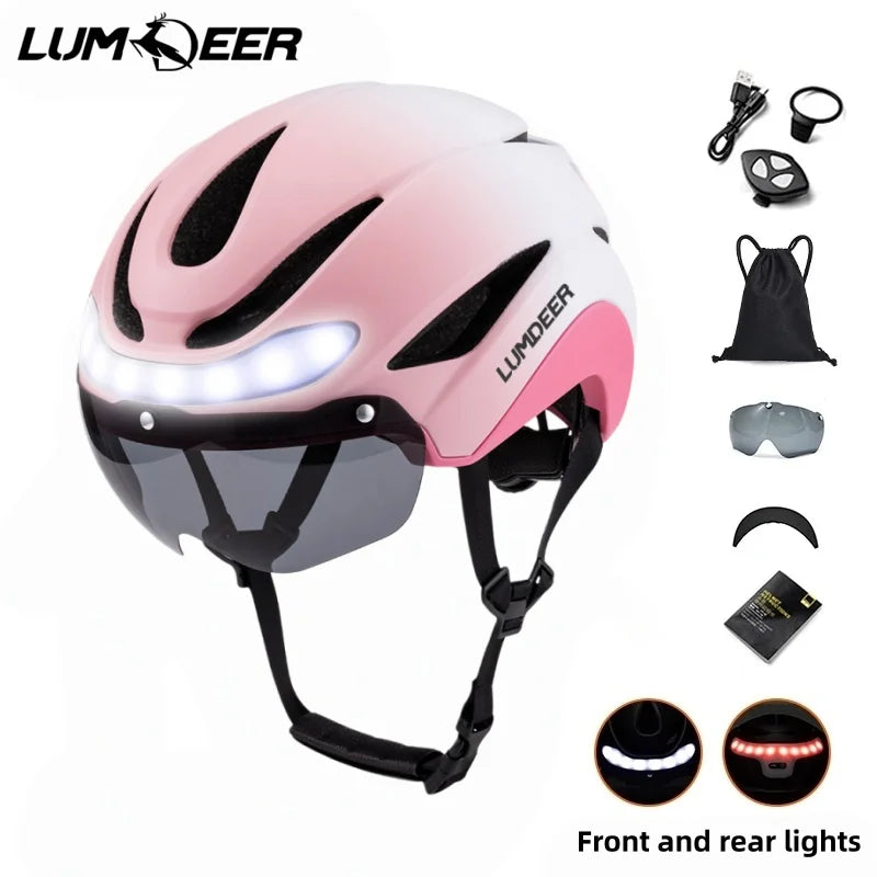 LUMDEER Road Bicycle Turn Signal Helmet With Magnetic Googles & Sun Visor  Ride Racing Ultralight Adult Road Bike Front And Rear