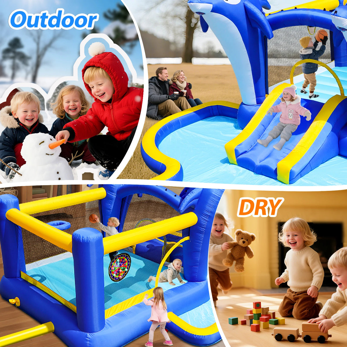Dolphin 8-in-1 Inflatable Water Slide Park, Wet & Dry Bounce House with Splash Pool, Water Cannon, Basketball Hoop, Sprinkler, Safe Mesh Wall, Complete Set with Air Blower, Outdoor Backyard Blow Up Water Play Center for Kids