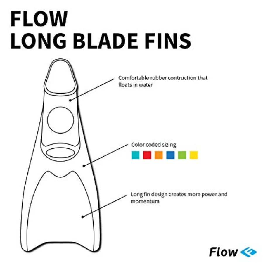 Flow Premium Rubber Long Fins for Swim and Lap Training - Youth Sizes for,Young Men, and Women