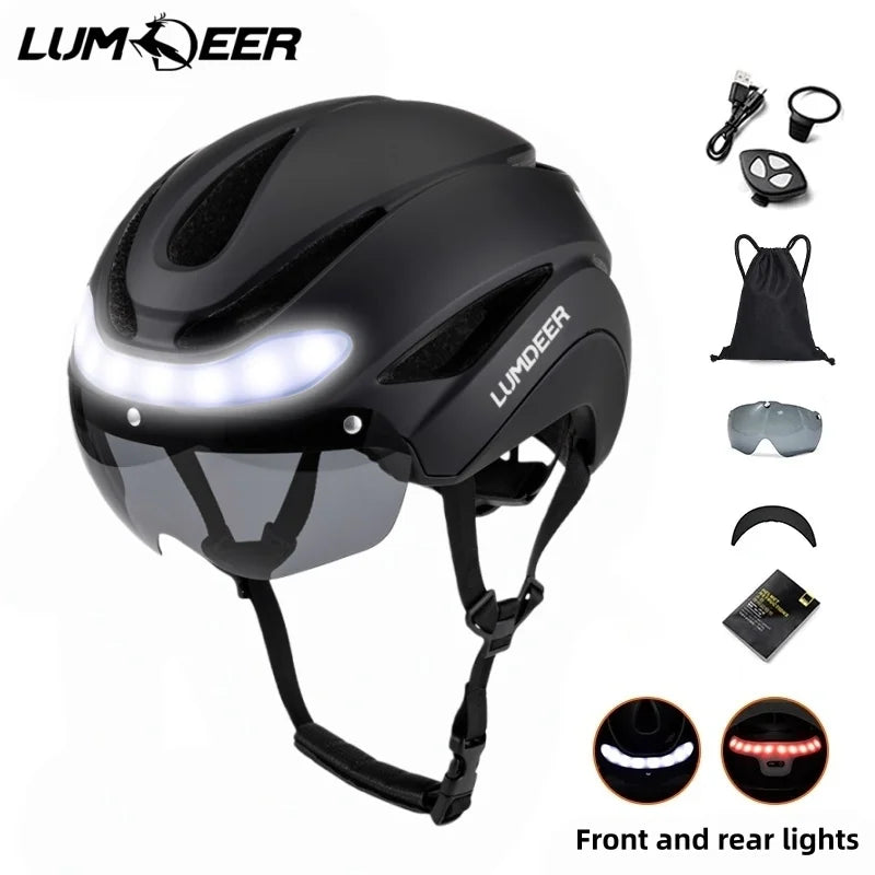 LUMDEER Road Bicycle Turn Signal Helmet With Magnetic Googles & Sun Visor  Ride Racing Ultralight Adult Road Bike Front And Rear