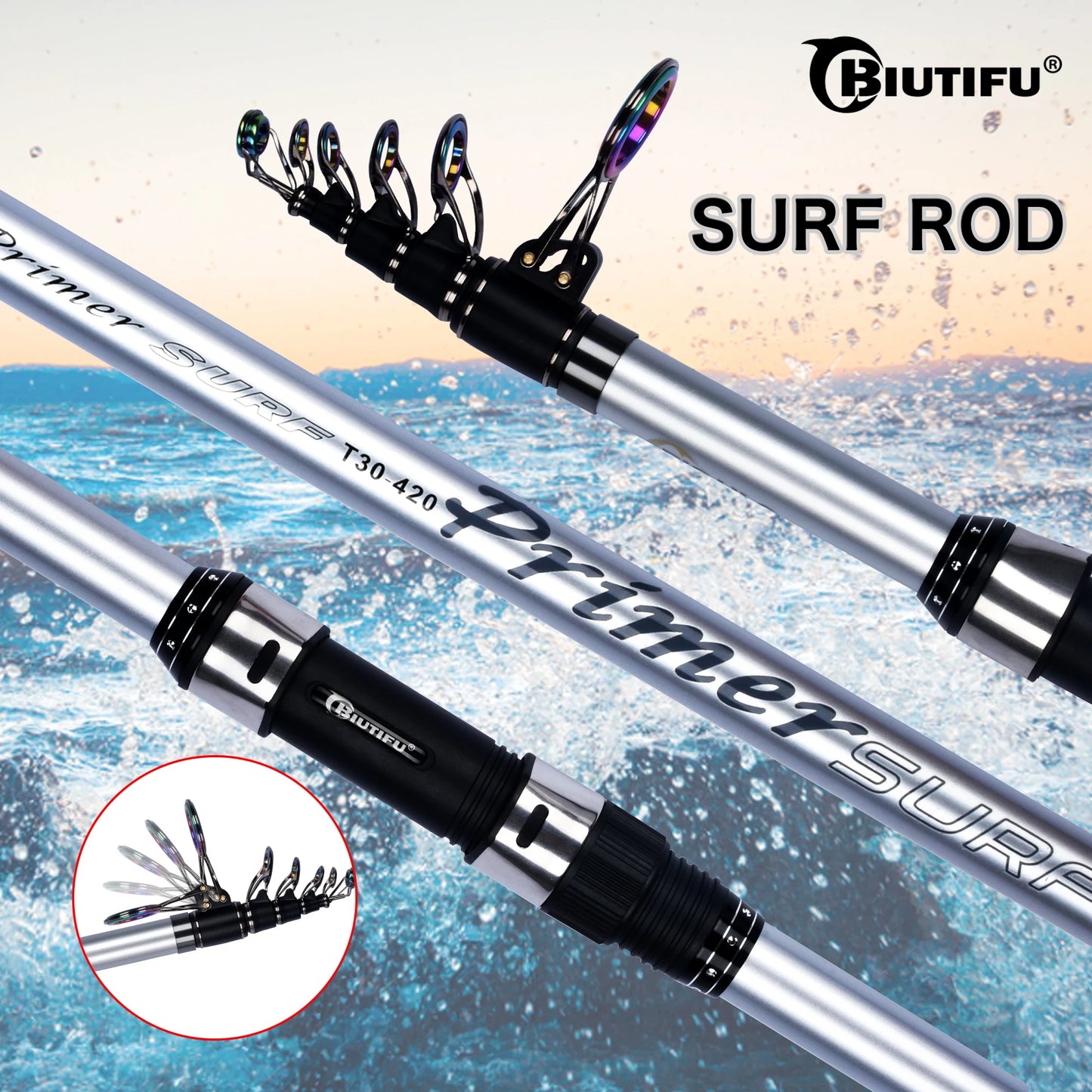 BIUTIFU Telescopic Surf Spinning Fishing Rods 5.3m 5.0m 4.5m 4.2m 3.9m 30T Carbon Power 60-150g Throw Surfcasting Shore Casting Pole