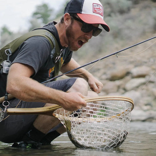 Wooden Frame Fly Fishing Landing Net with Soft Knotless Rubber Mesh, Fish Friendly Catch and Release Net for Trout Bass, Lightweight Wading Tool with Magnetic Release for Angler Gift