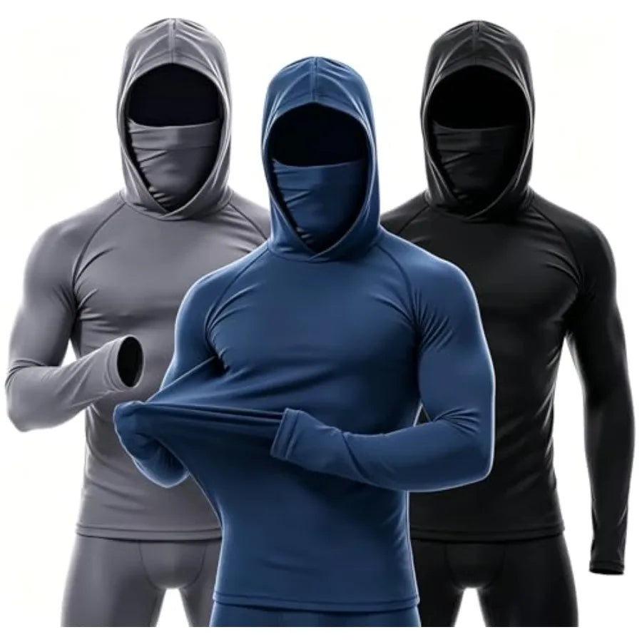 3 Pack Men's Hooded Long Sleeve Shirt with Face Mask Sun Protection Stretch Workout Shirt for Running Cycling Fishing