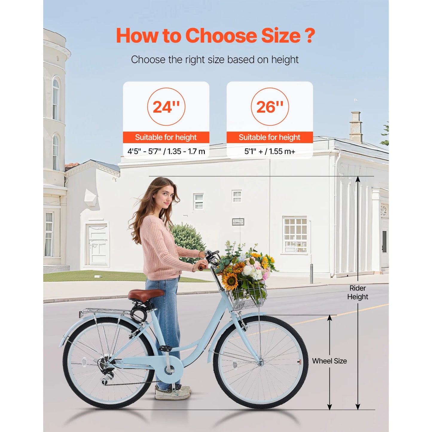 SucceBuy Cruiser Bike 24/26Inch Beach Cruiser Bike with Basket Rear Rack Adjustable Seat, Fits for Cycling, Exercise & Shopping