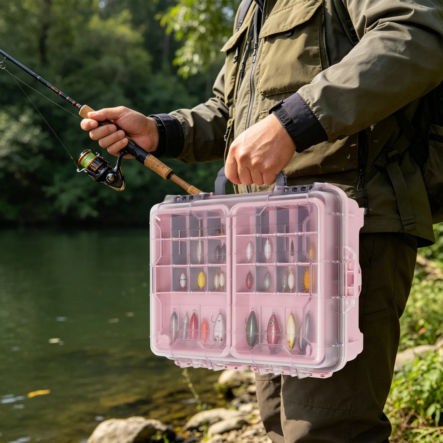 Fishing Tackle Box Small Tackle Storage Box Large Capacity Pink Multi-layer Organizer Removable Slots DIY Tray Portable Lure Bait Hook Line Container Double Lock Secure Thickened PP Waterproof Durable Outdoor Case for Fishing