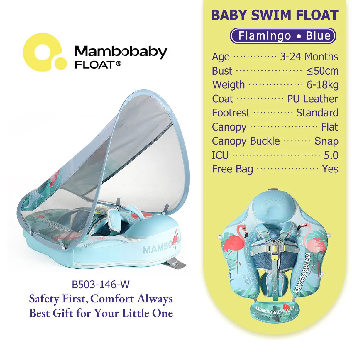 Mambobaby Gentle Skin-Safe Flamingo Air-Free Chest Float with Flat Canopy B503-143-W-Z Baby Swimming Ring Infant Water Circle