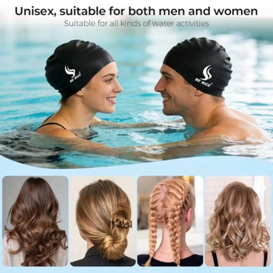 Swim Cap Set for Women / Men Durable Silicone Swimming Cap for Adult with Nose Clip and Earplugs Black Waterproof Pool Cap