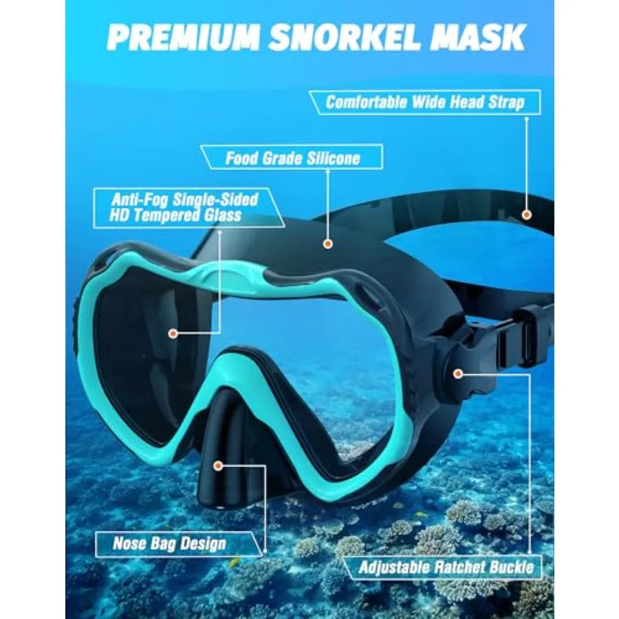 Snorkeling Gear for Adults, Snorkel Mask Set 180° Panoramic View Snorkel Gear, 100% Food-Grade Silicone Anti-Fog Anti-Leak Dry