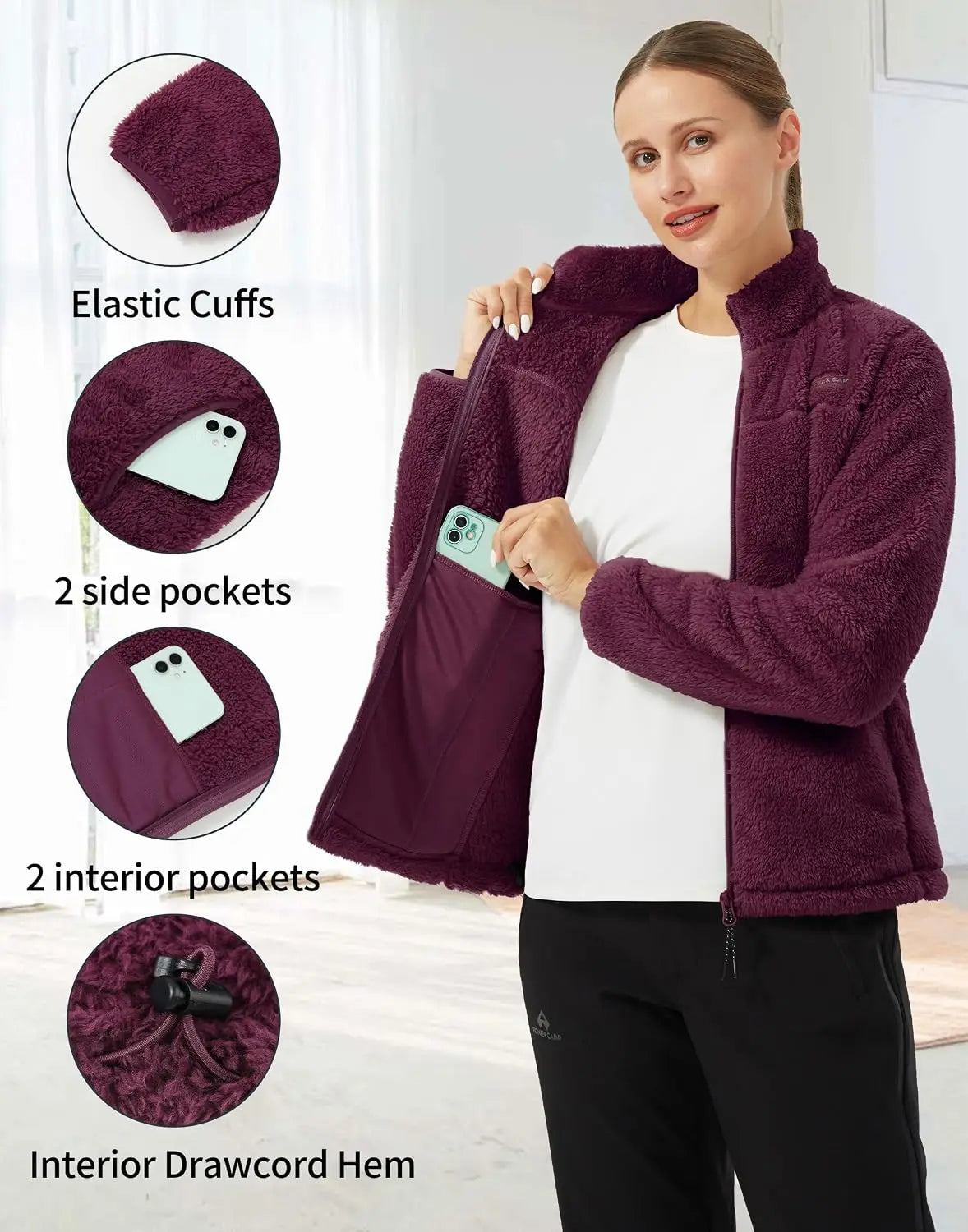Women's Fuzzy Fleece Jacket with Full Zip for Spring Fall Winter