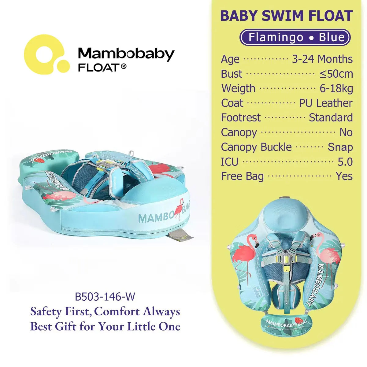 Mambobaby Gentle Skin-Safe Flamingo Air-Free Chest Float with Flat Canopy B503-143-W-Z Baby Swimming Ring Infant Water Circle