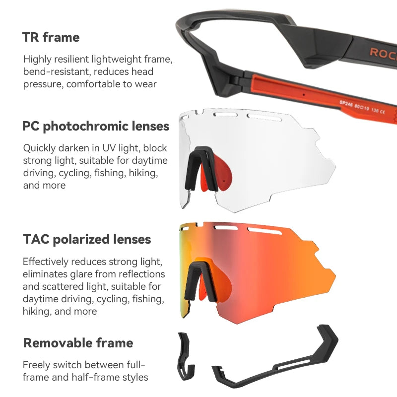 ROCKBROS Bicycle Glasses Polarized Photochromic 2 lenses Ultra-light Comfortable Bike Eyewear Non-slip TR90 Sunglasses Cycling Equipment