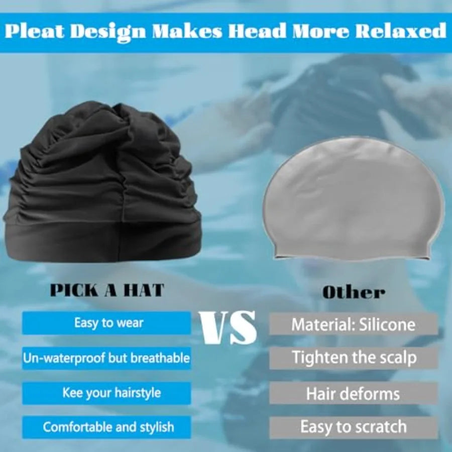Swim Caps for Women Swimming, 1 Pcs Fabric Nylon Cloth Swim Cap, Comfort Pleated Swimming Cap for Long Hair, Not Waterproof Ela