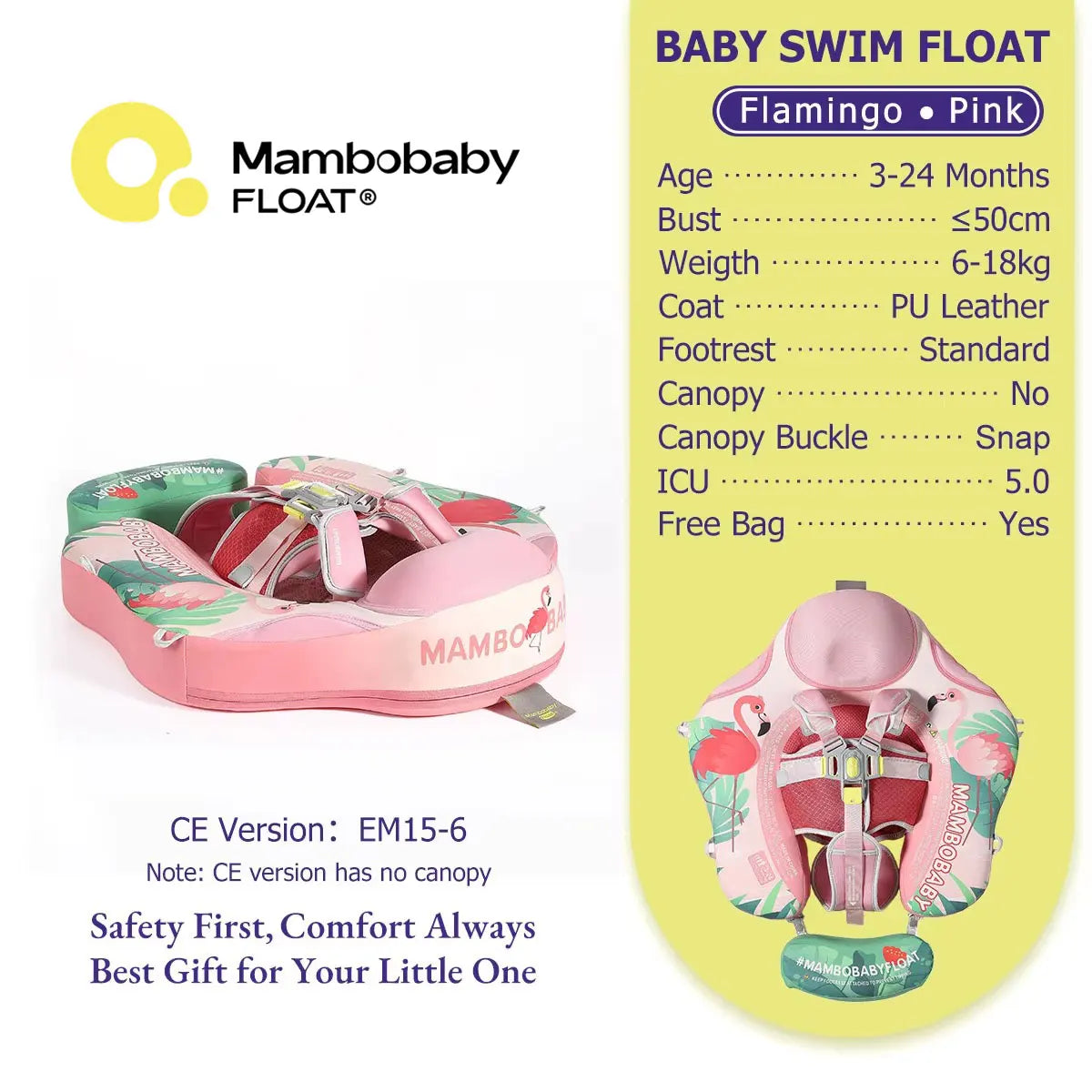 Mambobaby Gentle Skin-Safe Flamingo Air-Free Chest Float with Flat Canopy B503-143-W-Z Baby Swimming Ring Infant Water Circle