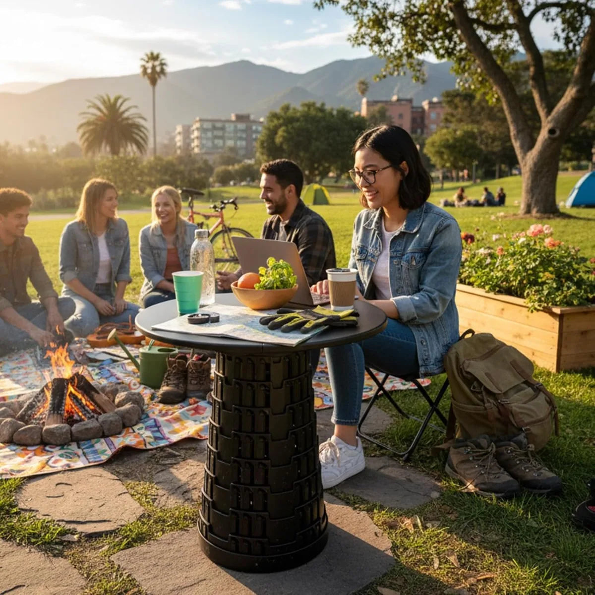 Upgraded Collapsible Stool with Table Top, Portable Telescopic Seat, Folding Stool for Camping Gardening Fishing Hiking BBQ, Tab