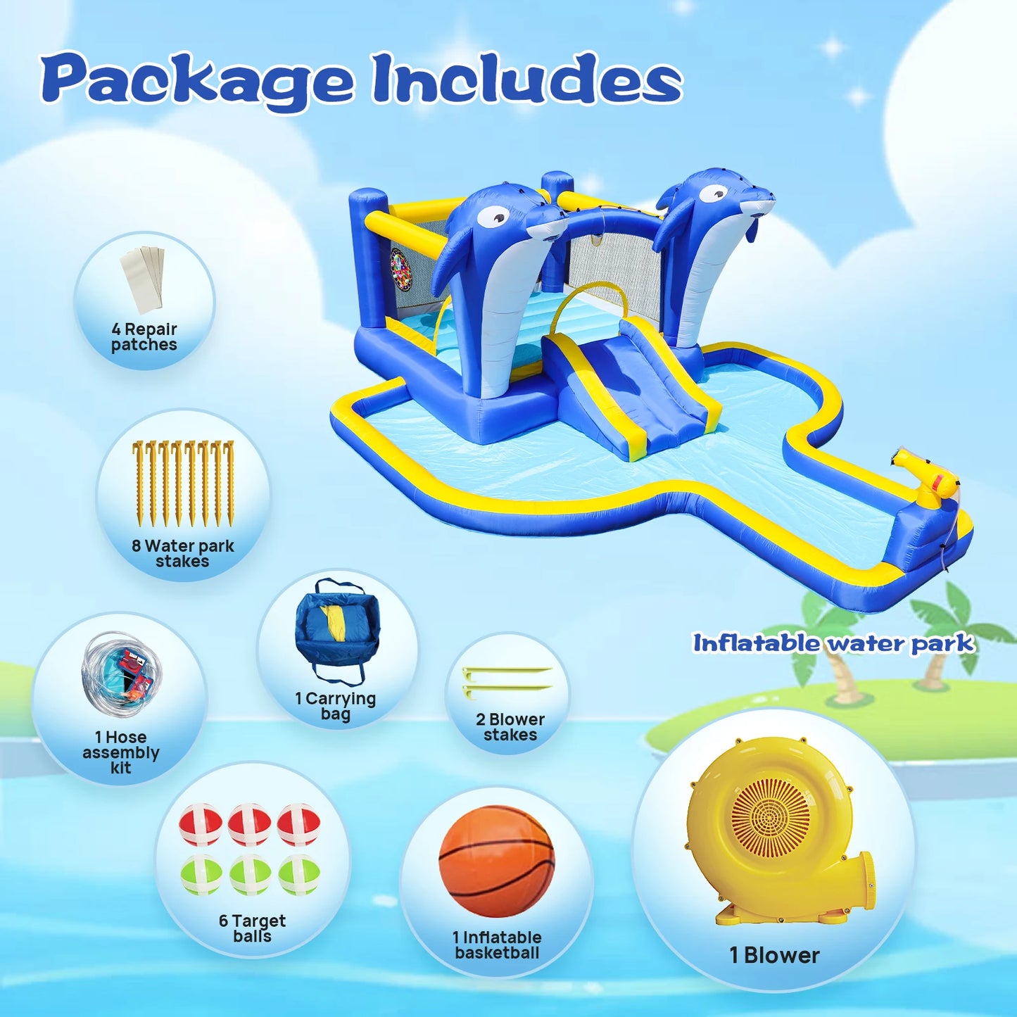 Dolphin 8-in-1 Inflatable Water Slide Park, Wet & Dry Bounce House with Splash Pool, Water Cannon, Basketball Hoop, Sprinkler, Safe Mesh Wall, Complete Set with Air Blower, Outdoor Backyard Blow Up Water Play Center for Kids