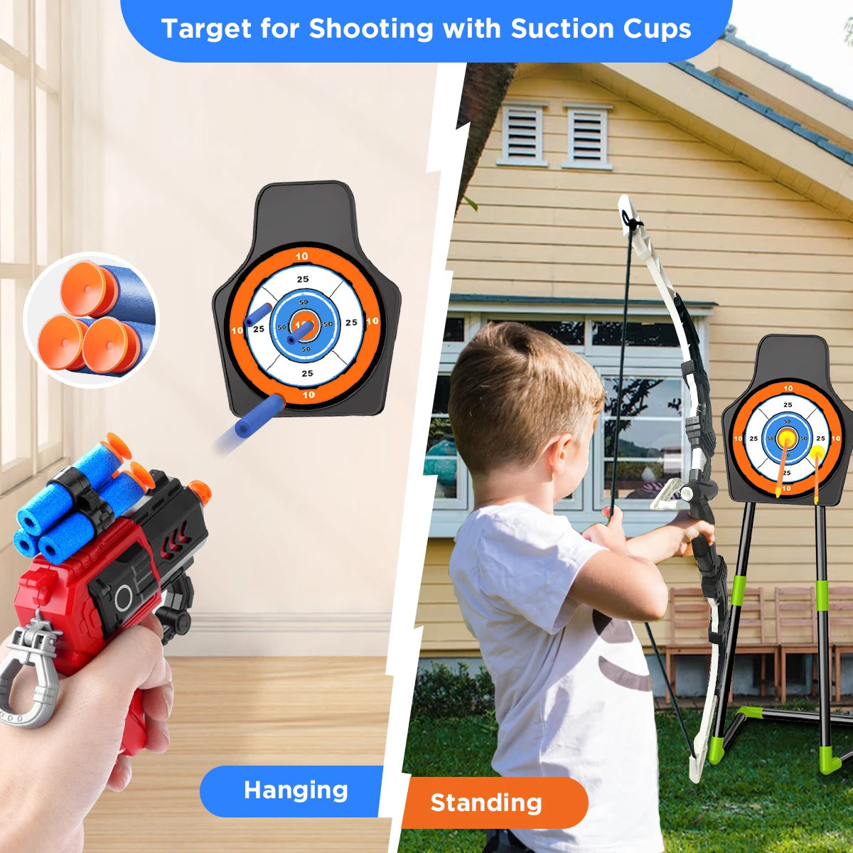 VATOS 2X Bow Arrow + Guns Toy For Kids Night-Light Archery Stand Target Board Indoor Outdoor Game Toys Boys Girls Christmas Gift