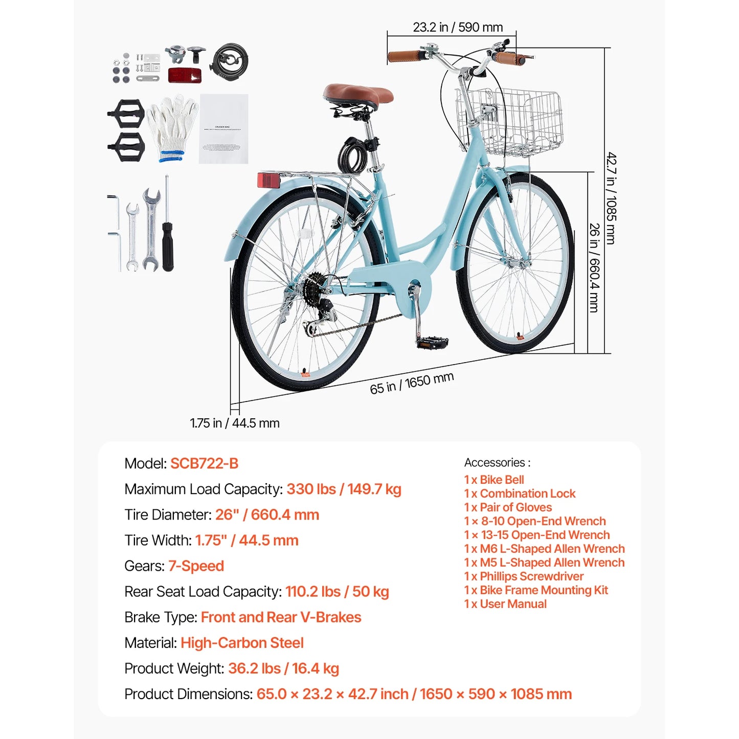 SucceBuy Cruiser Bike 24/26Inch Beach Cruiser Bike with Basket Rear Rack Adjustable Seat, Fits for Cycling, Exercise & Shopping