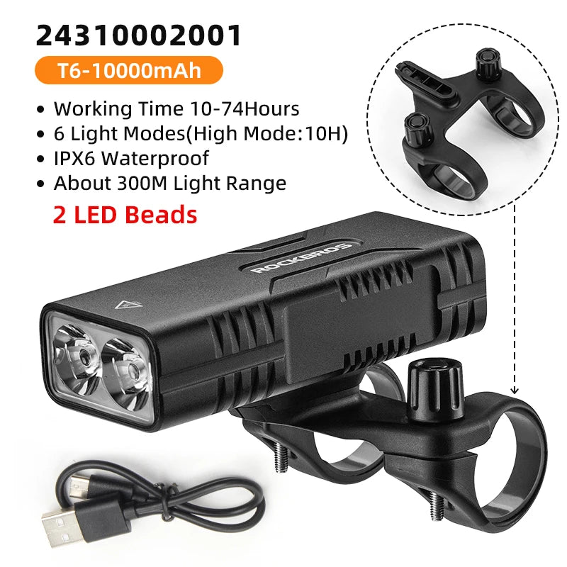 ROCKBROS Bicycle Light  2T6 LED 10W 10000 mAh Bike Front Lamp Flashlight Cycling Equipment MTB  Road Bike Flashlight