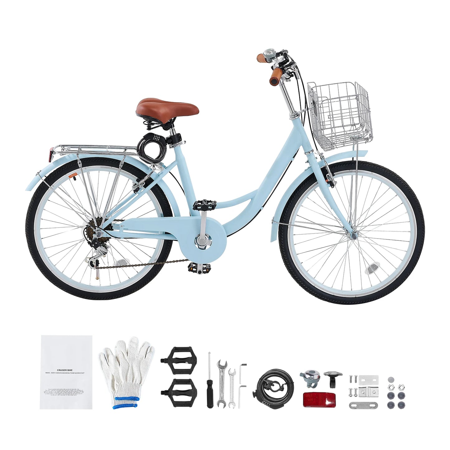 SucceBuy Cruiser Bike 24/26Inch Beach Cruiser Bike with Basket Rear Rack Adjustable Seat, Fits for Cycling, Exercise & Shopping