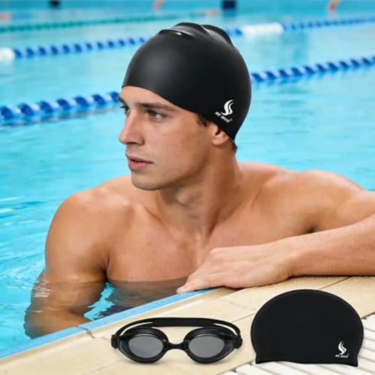 Swim Cap Set for Women / Men Durable Silicone Swimming Cap for Adult with Nose Clip and Earplugs Black Waterproof Pool Cap