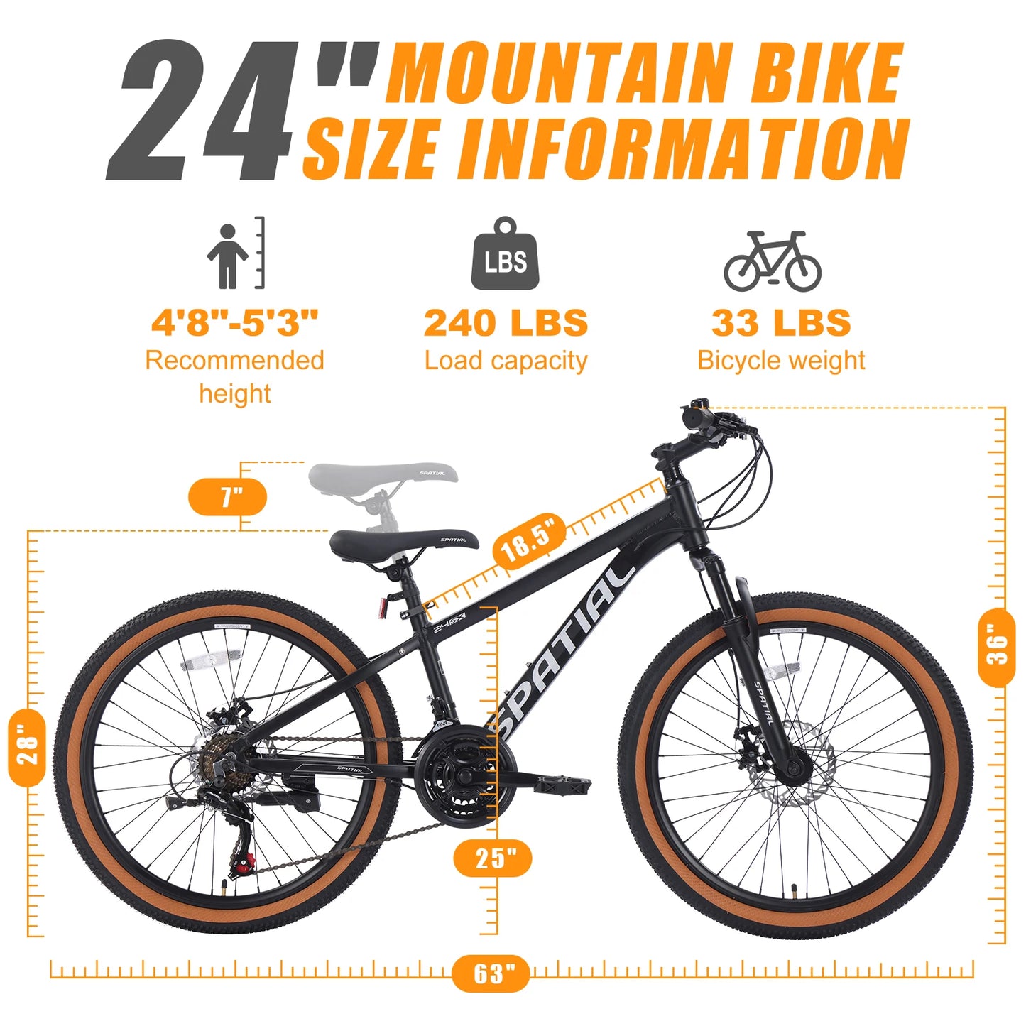 SPATIAL MT24FS 24 Inch Hardtail MTB, 21 Speed Mountain Bike, Bicycle for Teenagers and Adults, Lightweight Aluminum Frame, Suspension Fork, Front & Rear Disc Brakes