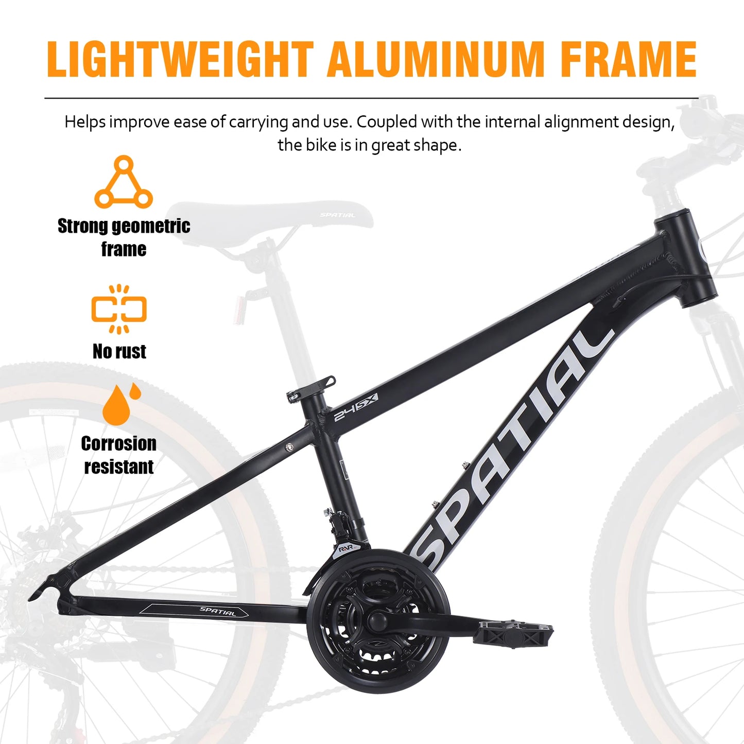 SPATIAL MT24FS 24 Inch Hardtail MTB, 21 Speed Mountain Bike, Bicycle for Teenagers and Adults, Lightweight Aluminum Frame, Suspension Fork, Front & Rear Disc Brakes