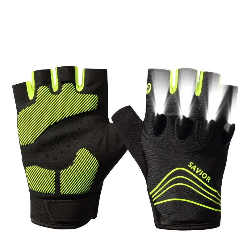 DAYWOLF Led Gloves Mountain Hiking Cycling Fishing Outdoor Night Sports Anti Slip Lighting Touch Screen Half Finger Men Green
