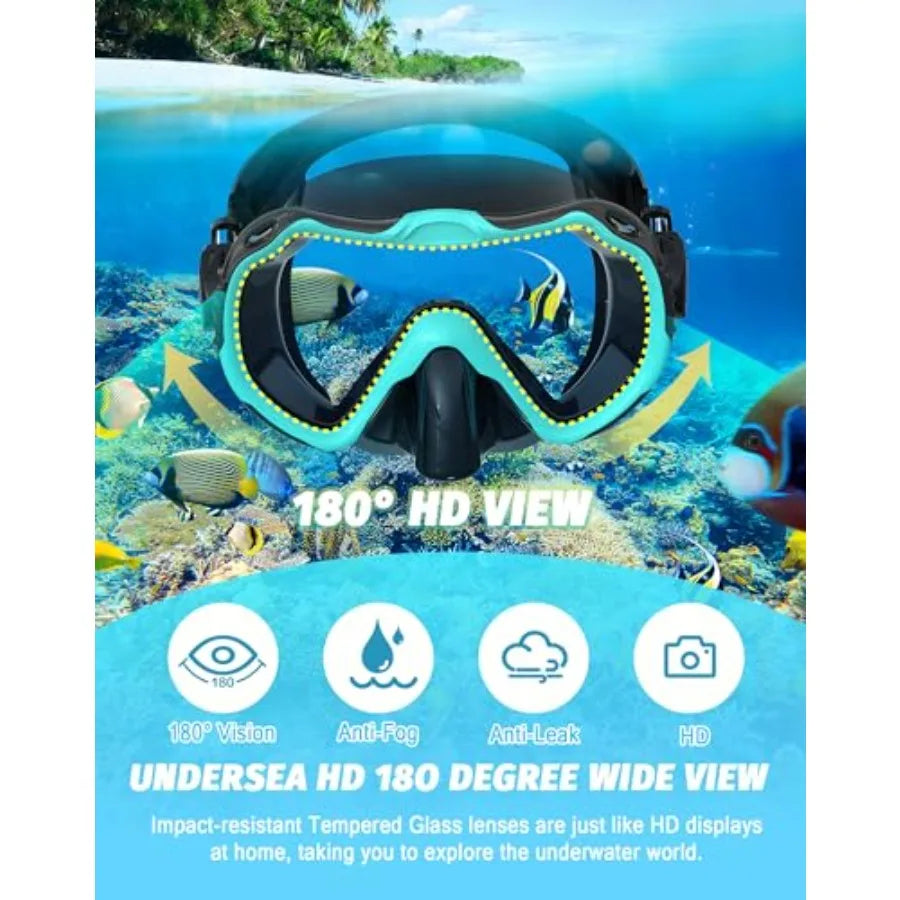 Snorkeling Gear for Adults, Snorkel Mask Set 180° Panoramic View Snorkel Gear, 100% Food-Grade Silicone Anti-Fog Anti-Leak Dry