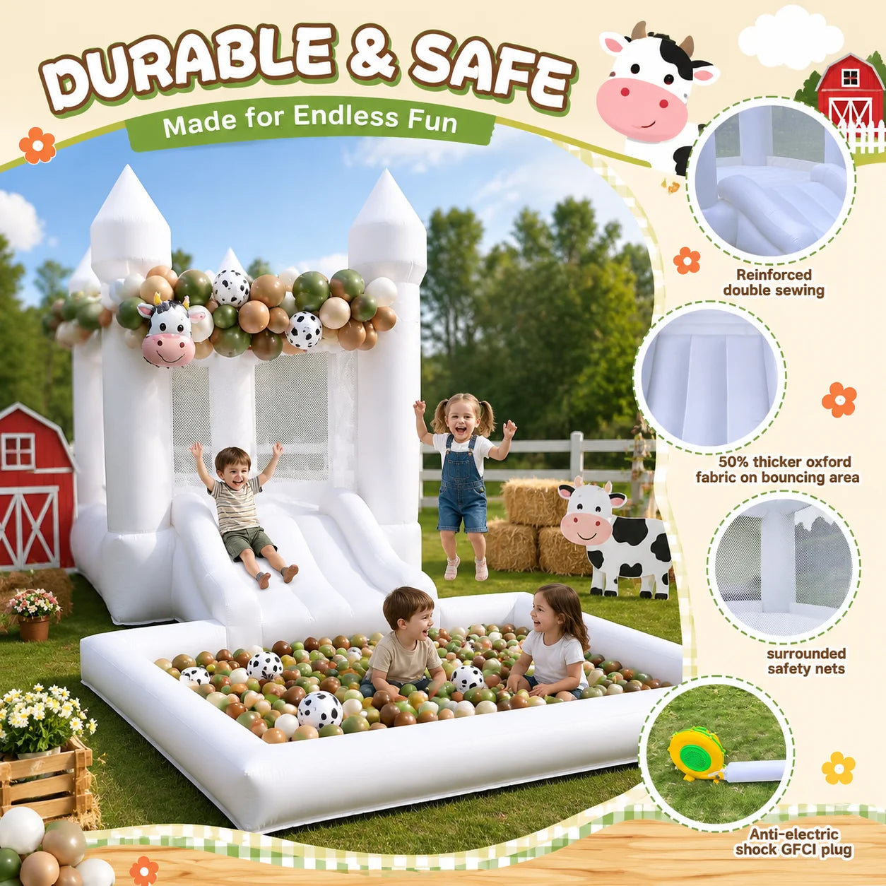 12FT Oxford Inflatable White Bounce House with Slide And Ball Pit Easy Setup Bouncy Castle for Kids Indoor Outdoor Parties Birthday Fun