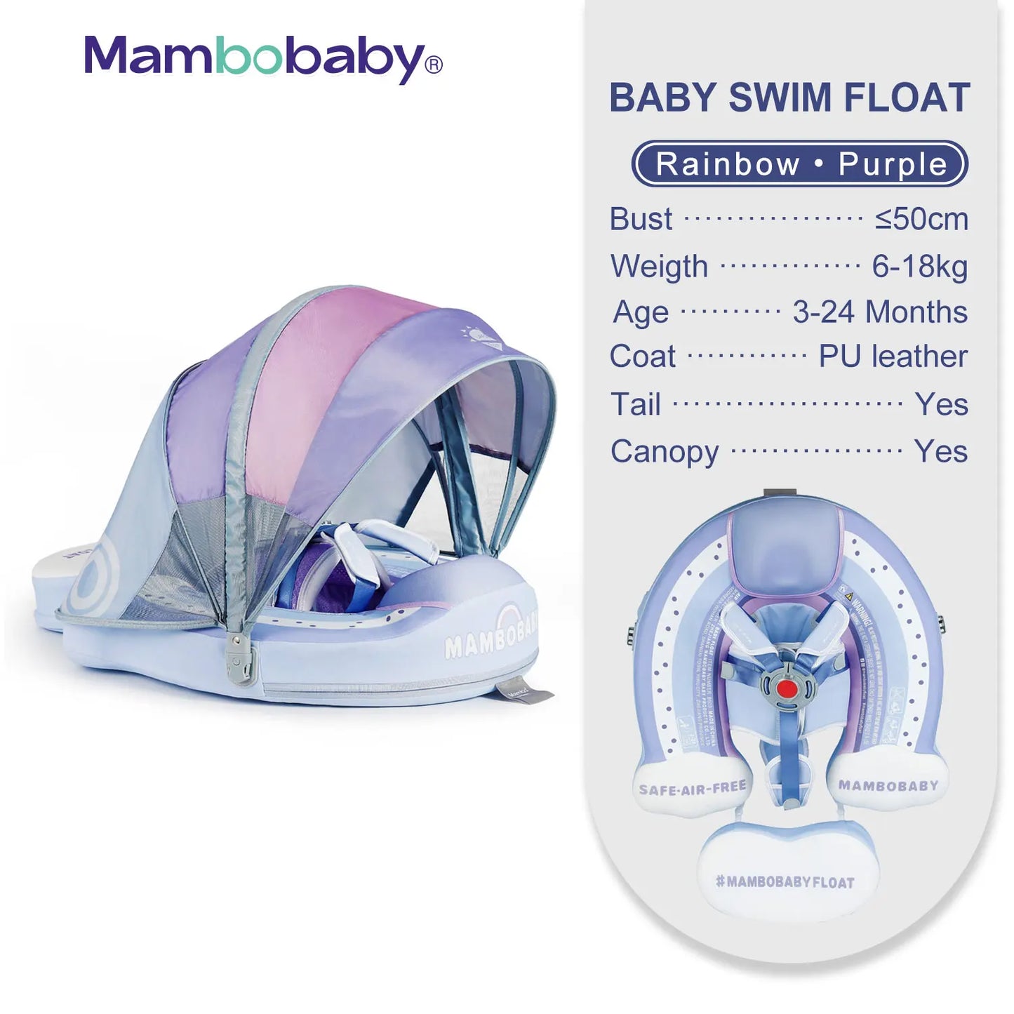 Mambobaby Animal Float Non-Inflatable Safe Solid Core Baby Swimming Buoy Water Trainer Infant Pool Floator Swim Ring with Canopy