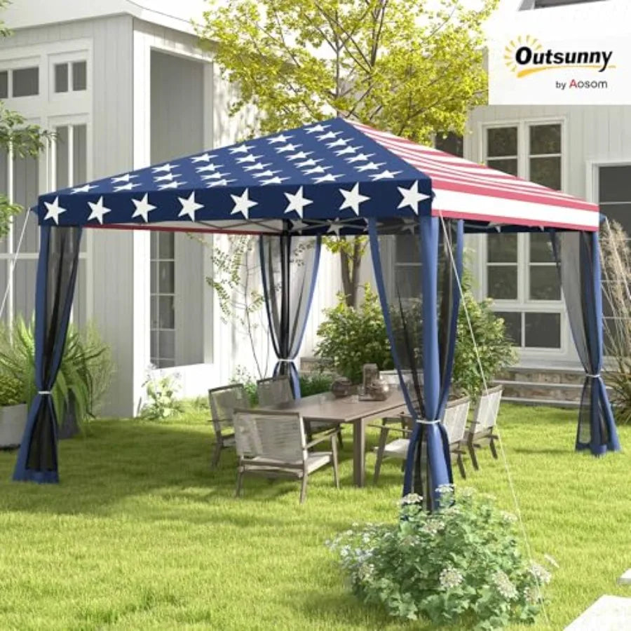 Outdoor 10' x 10' pop-up canopy tent with mesh netting, polyester fabric, beige, instant setup and height adjustable