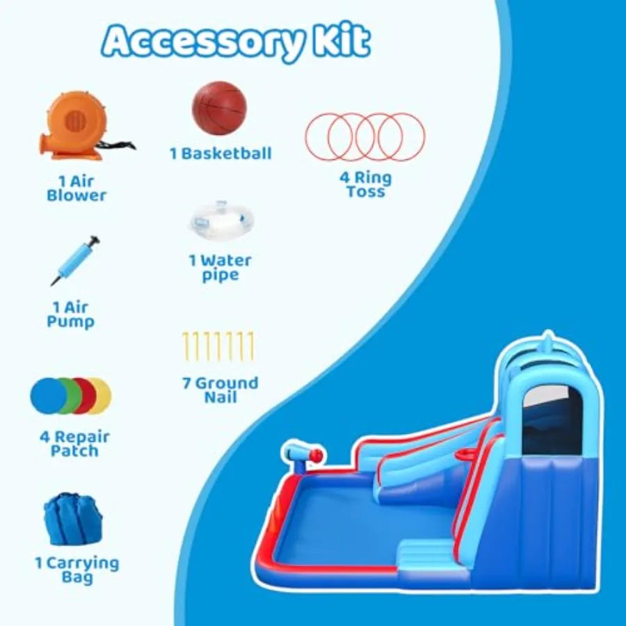 Backyard inflatable water slide for kids with 450W blower, PVC material, blue and yellow, splash-and-bounce dual-function desig