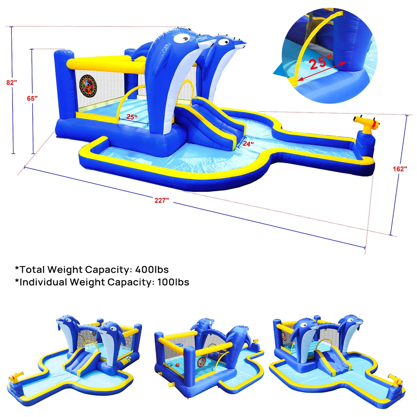 Dolphin 8-in-1 Inflatable Water Slide Park, Wet & Dry Bounce House with Splash Pool, Water Cannon, Basketball Hoop, Sprinkler, Safe Mesh Wall, Complete Set with Air Blower, Outdoor Backyard Blow Up Water Play Center for Kids