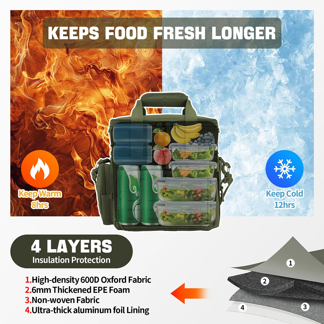 Tactical Lunch Box Expandable Heavy Duty Tactical Leak Proof Insulated Cooler Bag For Outdoor Activities Camping MOLLE Webbing