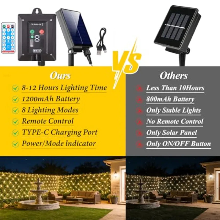 360 LED Christmas Net Lights Solar AND USB Powered, Waterproof Mesh String Lights 8 Modes Green, 21Feet x 5 Feet
