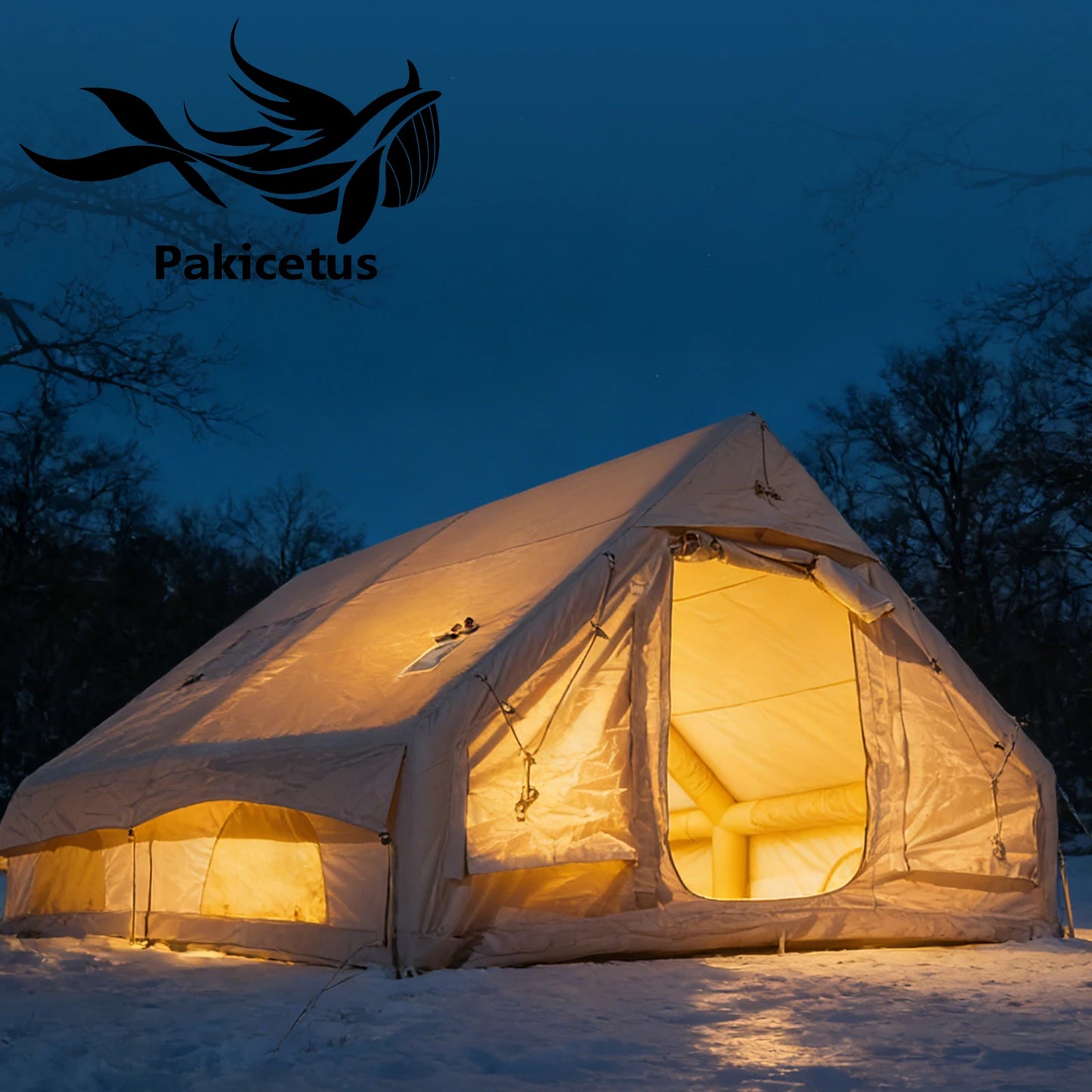 PAKICETUS Large Luxury Inflatable Glamping Tent with Manual Hand Pump, Easy Setup 4 Season Anti-Snow Spacious Family Shelter, Weatherproof Air Tent for Outdoor Camping, Backyard Party & Wilderness Adventure