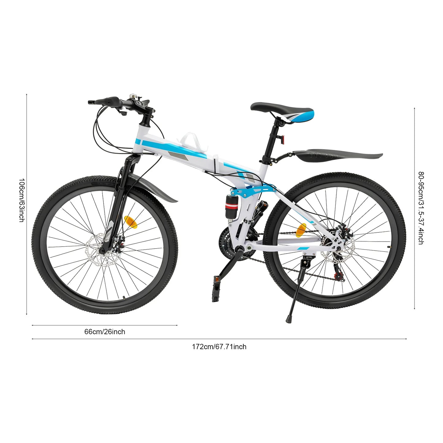 26 Inch Folding Mountain Bike 21-Speed High-carbon Steel MTB with Dual Disc Brake System Adult Mountain Bicycle Height Adjustable for Men Women,