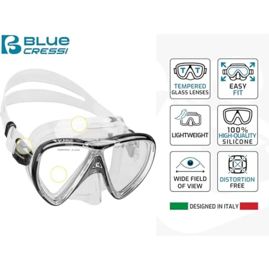Adult Snorkel Set Mask, Dry Snorkel, Adjustable Fins - Light for Travel - Ocean Set: Designed in Italy