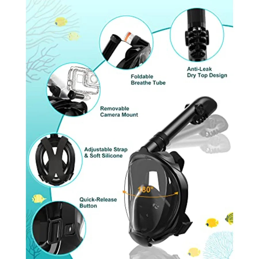 Mask Fins Snorkeling Gear for Adults, Full Face Snorkel Mask and Adjustable Swim Fins Snorkel Set, Panoramic View Snorkel Mask