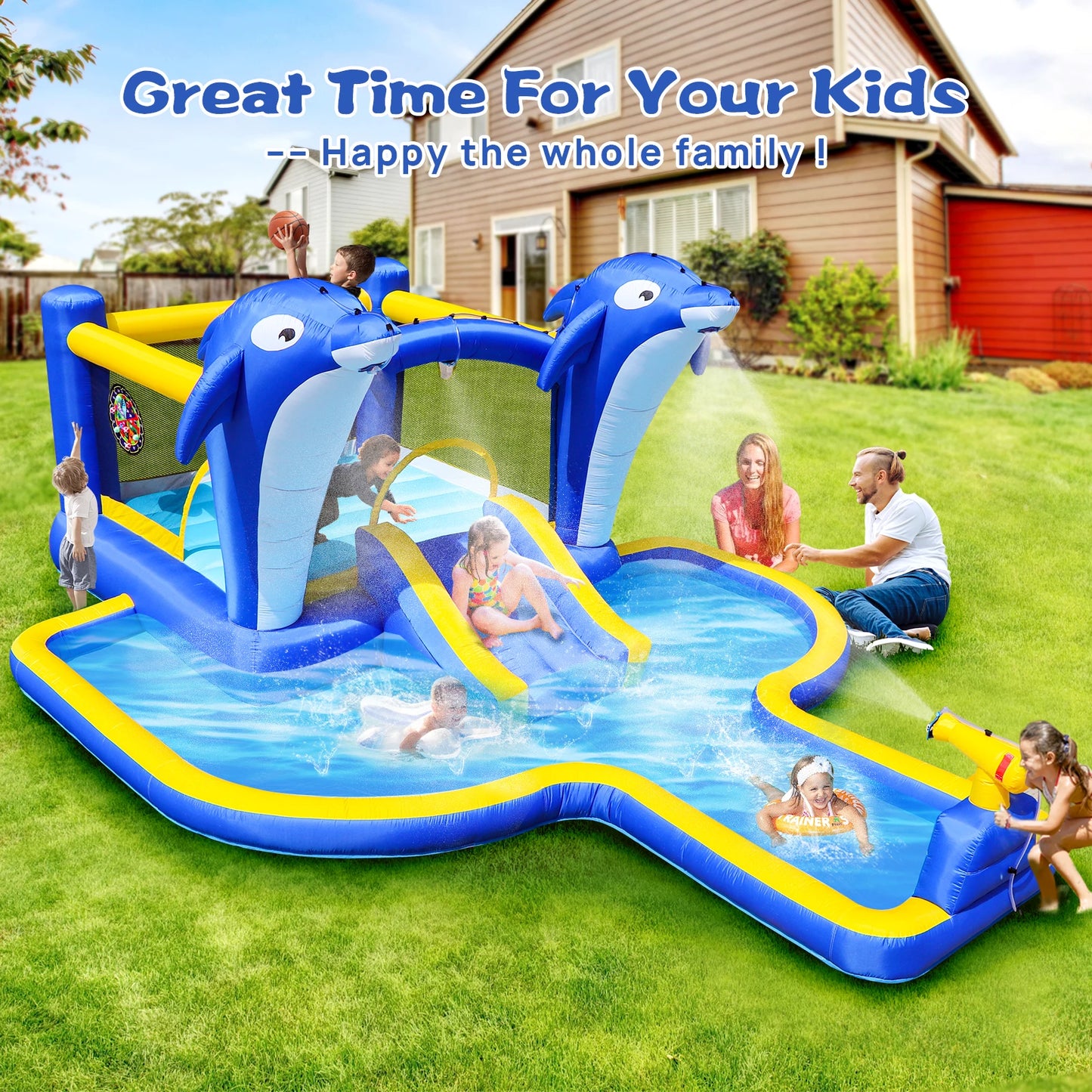 Dolphin 8-in-1 Inflatable Water Slide Park, Wet & Dry Bounce House with Splash Pool, Water Cannon, Basketball Hoop, Sprinkler, Safe Mesh Wall, Complete Set with Air Blower, Outdoor Backyard Blow Up Water Play Center for Kids